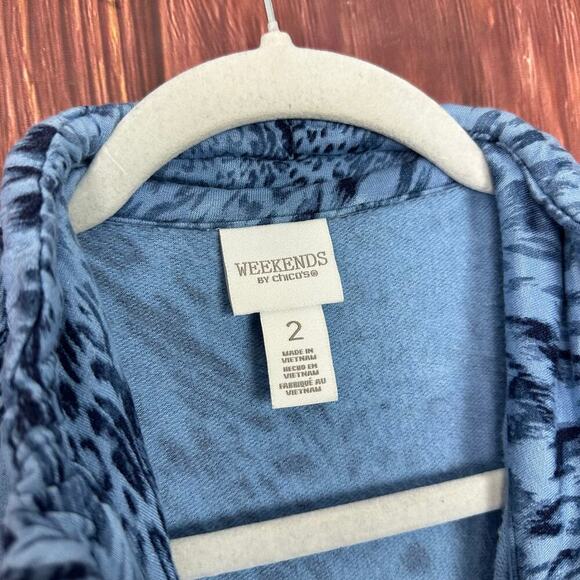 Weekends By Chicos 2 (Large) Blue Animal Print Jacket Full Zip Stretchy Knit - Picture 4 of 6
